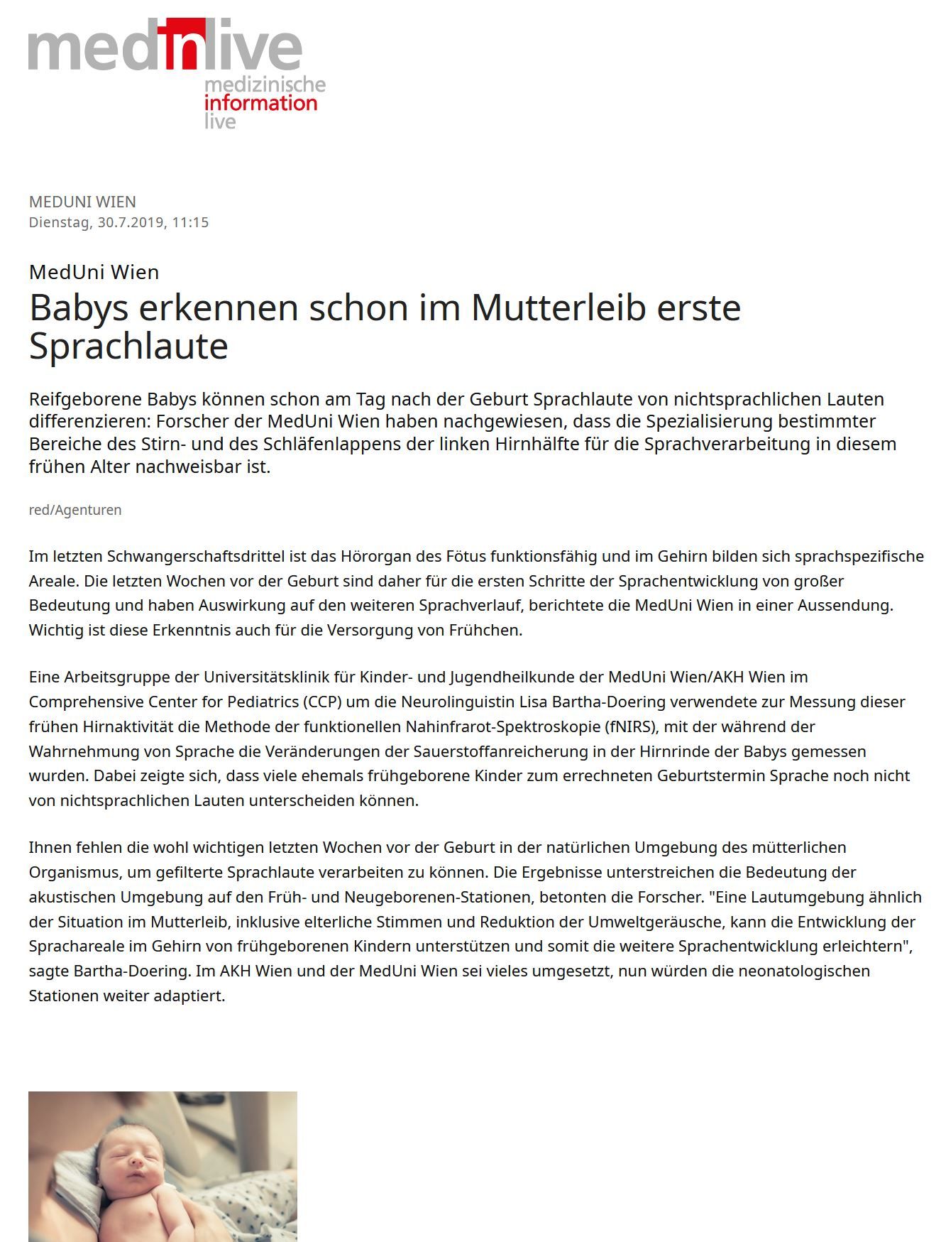 Abbildung des Artikels in medinlive vom 30.07.2019