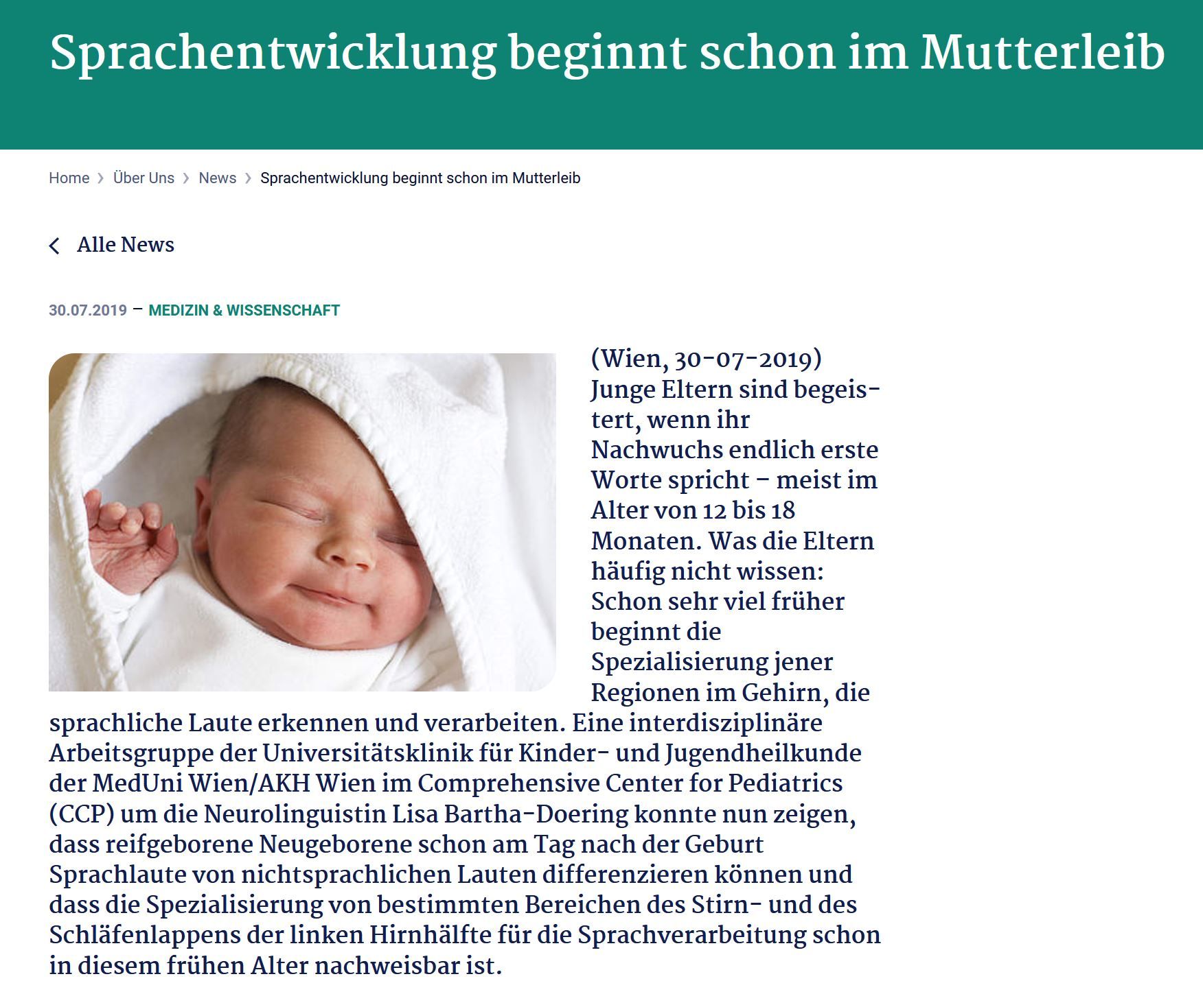 Ausschnitt aus der MUW News Seite vom 30.07.2019