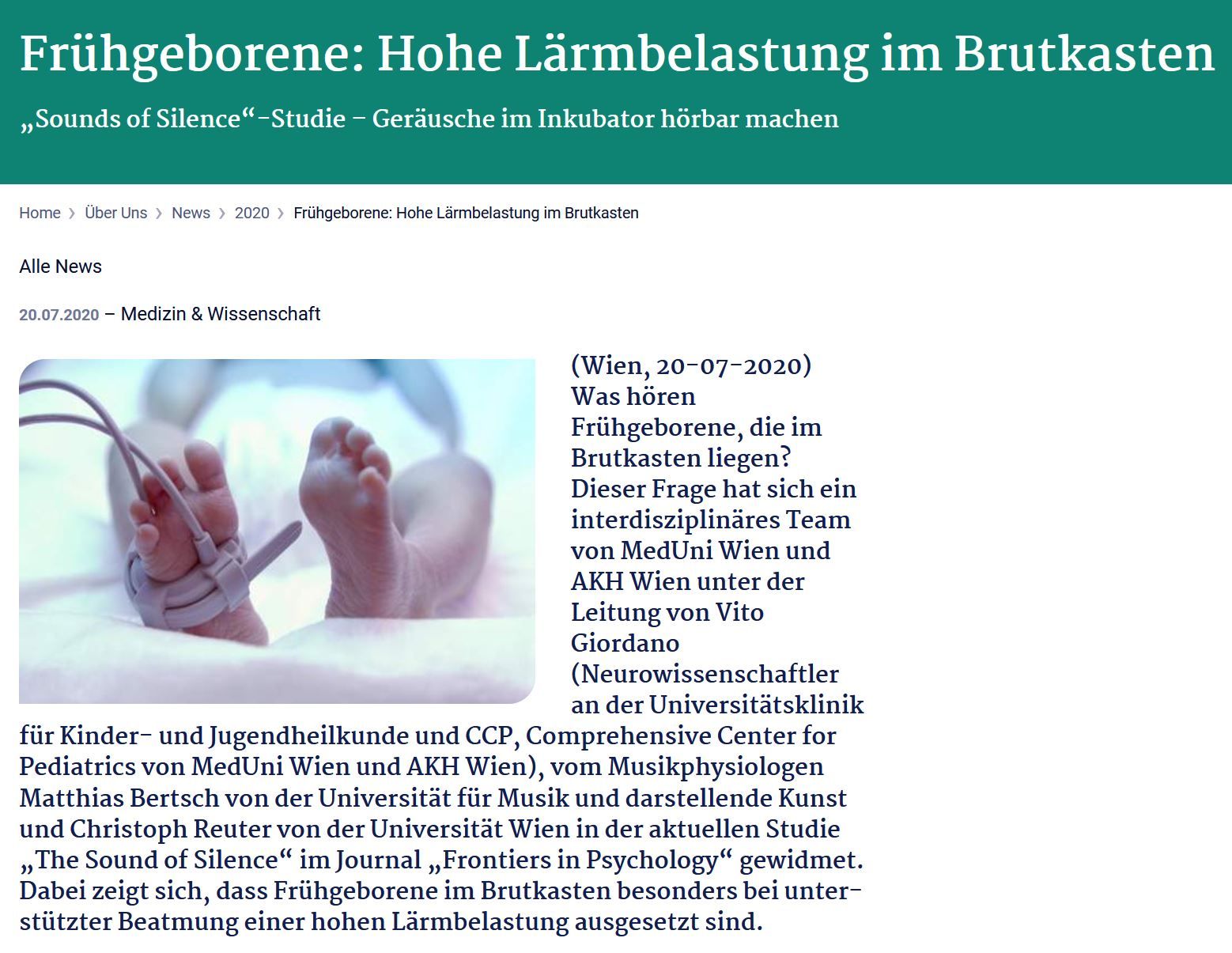 Aussschnitt aus MUW News Seite vom 20.07.2020